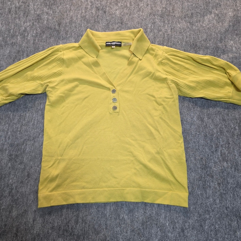 Karl Lagerfeld Paris Womens Chartreuse Yellow Pleated Sleeve Polo Sweater Top M